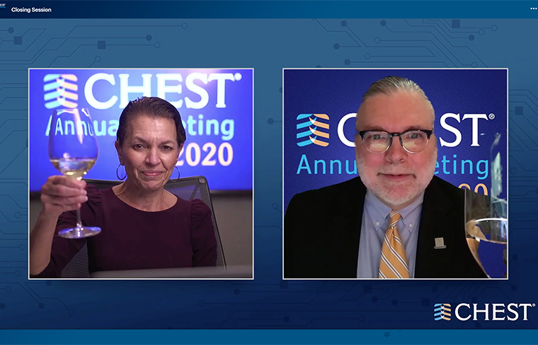 During the CHEST 2020 Virtual Closing Session on Wednesday, October 21, Stephanie Levine, MD, FCCP, (left) officially passed the CHEST presidency mantle to Steven Q. Simpson, MD, FCCP (right).